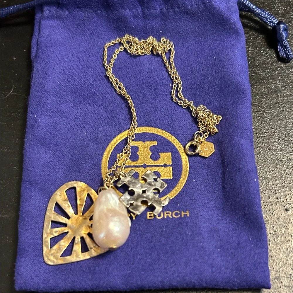 Tory Burch Gold and Pearl Charm Necklace